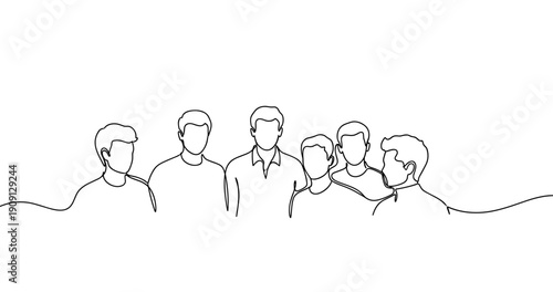 Line art of group of young caucasian males standing together. No editable stroke