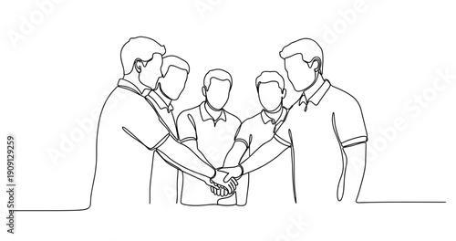 Group of young caucasian males in teamwork handshake line drawing. No editable stroke