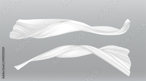 White silk fabric flowing in the air, realistic vector isolated on gray background. Smooth cloth, textile with soft curves, flying wind movement or falling effect. Satin drape for luxury design
