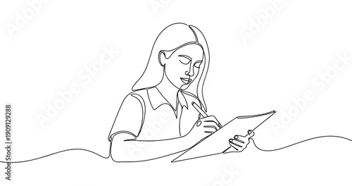 One-line art of young caucasian female writing with pen on paper. No editable stroke