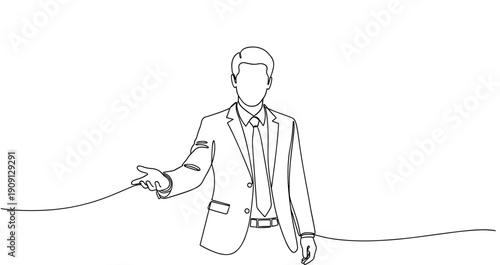 Line drawing of caucasian male adult reaching out in a suit. No editable stroke