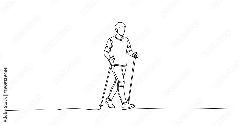 Fototapeta premium Continuous line drawing of male nordic walker using poles. No editable stroke