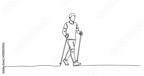 Continuous line drawing of male nordic walker using poles. No editable stroke