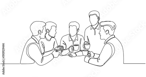 Group of five young caucasian men having coffee discussion in continuous line art. No editable stroke