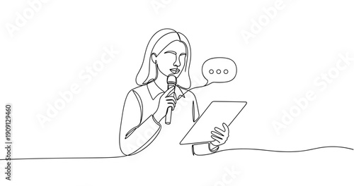 Young caucasian female announcer with microphone and tablet, speaking line art. No editable stroke