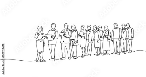 Line art of adults in business attire holding documents in queue. No editable stroke