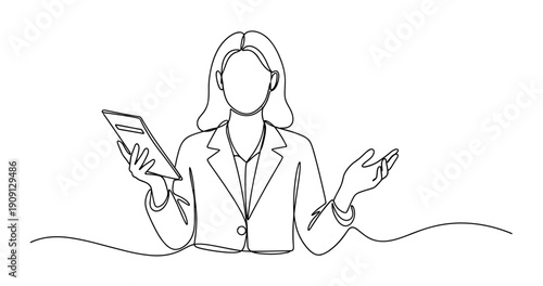 Young caucasian female professional holding tablet in line art illustration. No editable stroke