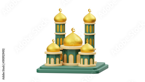 Illustration of a mosque with golden domes and minarets, symbolizing Ramadan Kareem, viewed from the front.