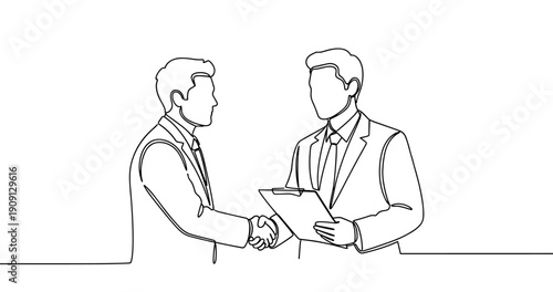 Business partnership: two young caucasian males shaking hands with clipboard. No editable stroke