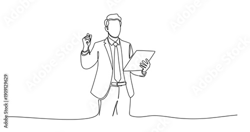 Business presentation by confident male speaker in suit holding clipboard. No editable stroke