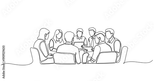 Collaborative meeting: diverse adults engaged in discussion. No editable stroke