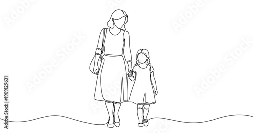 Outline of female and child holding hands in minimalist style. No editable stroke