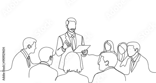 Male leader presenting to diverse team in business meeting. No editable stroke