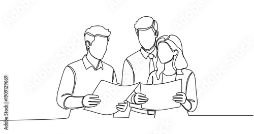 Line art of business meeting: two caucasian males and one caucasian female discussing documents. No editable stroke