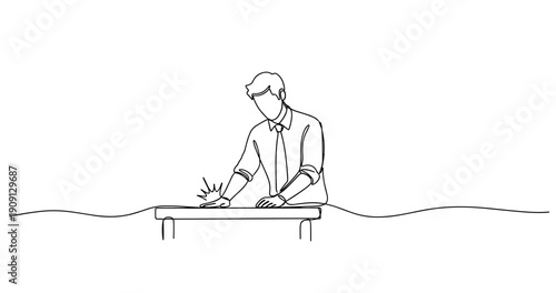 Line drawing of young caucasian male in shirt and tie standing at desk. No editable stroke