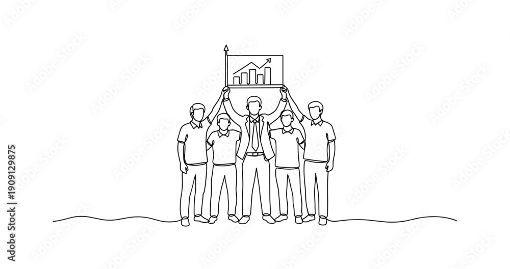 Obraz premium Team of young caucasian males holding growth chart in line art style. No editable stroke