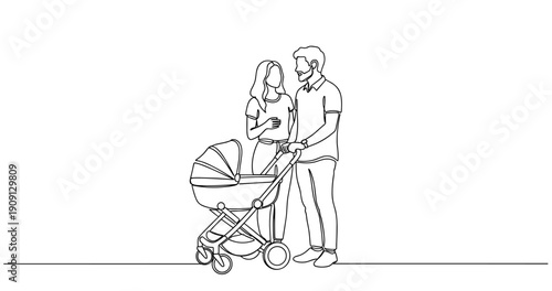 Caucasian young couple with baby stroller in minimalist line art style. No editable stroke