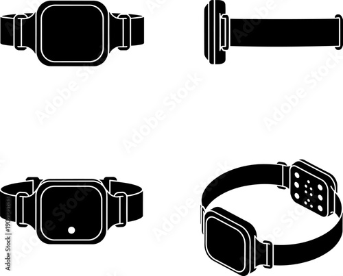 4 view Comprehensive Wearable Fitness Tracker and Smartwatch Icon Set: 4-View Silhouette Glyph Collection for Health Monitoring, Activity Tracking, and Modern Technology UI/UX Design.