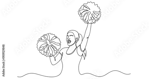 Asian young female cheerleader performing with pom-poms in continuous line art. No editable stroke