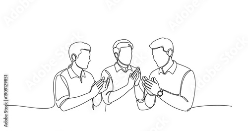 Line drawing of three young caucasian males clapping in appreciation. No editable stroke