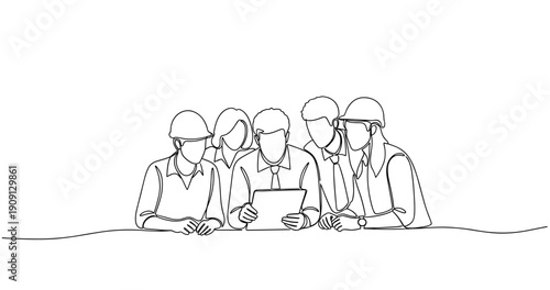 Team of diverse professionals collaborating with tablet in meeting. No editable stroke