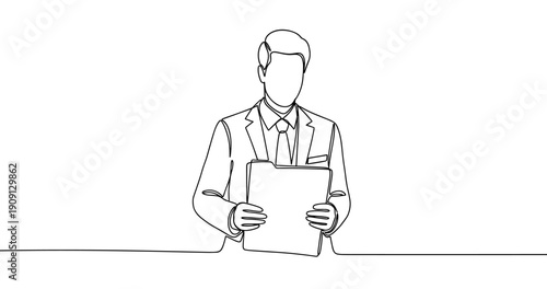 Outline of male professional holding documents in suit. No editable stroke
