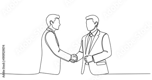 Line drawing of two businessmen shaking hands in agreement. No editable stroke