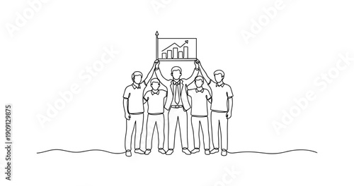 Team of young caucasian males holding growth chart in line art style. No editable stroke