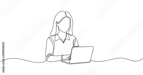 Asian young female working on laptop - minimalist line art illustration. No editable stroke