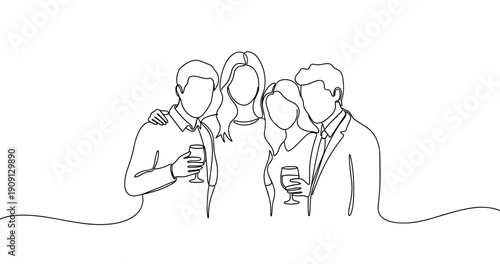 Group of young adults enjoying a social gathering with drinks. No editable stroke
