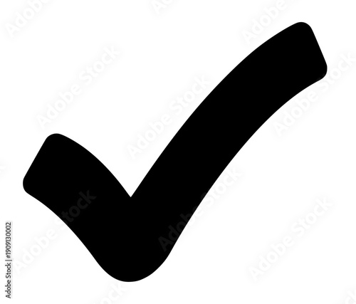 A bold black check mark symbol representing confirmation, success, or completion, isolated on a plain white background, conveying a sense of approval and agreement