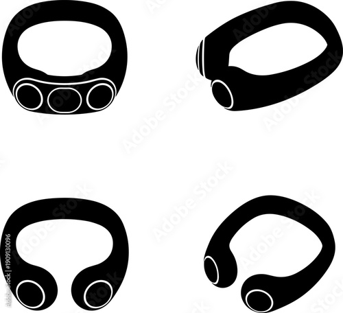4 view Minimalist Wearable Neck Fan Icon Set: Portable Hands-Free Air Cooler Device Silhouette Vector Illustration in Four Angles for Technology, Comfort, and Travel Product Design