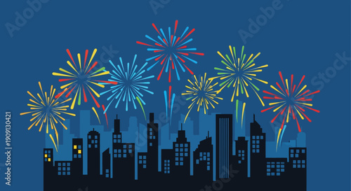 Spectacular fireworks illuminate the night sky over a metropolitan cityscape, symbolizing celebration and prosperity for imlek and chinese new year