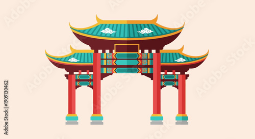 Vibrant traditional Chinese archway illustration for Imlek and Chinese New Year celebrations, symbolizing cultural heritage, prosperity, and festive joy
