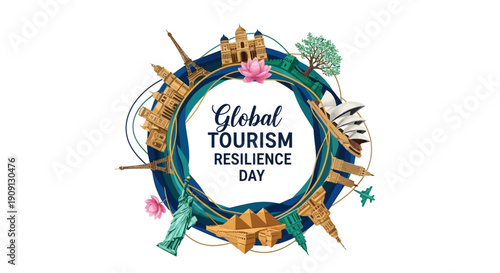 Illustration of a Global Tourism Resilience Day icon with landmarks and icons, symbolizing sustainability and recovery in tourism, with a circular composition and vibrant colors.