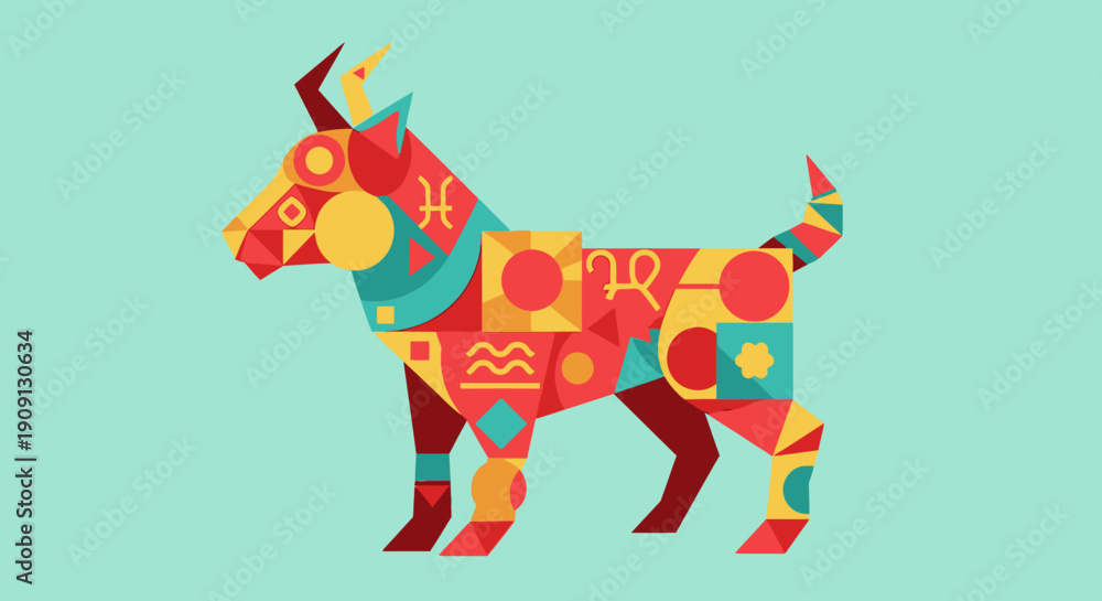 Obraz premium Vibrant geometric goat illustration for Imlek celebration, embodying the spirit of Chinese New Year with colorful abstract patterns and zodiac symbols, a festive and modern graphic design