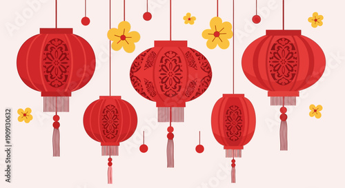 Vibrant red traditional lanterns illuminate the festive atmosphere for Imlek celebrations, symbolizing prosperity and good fortune during the exciting Chinese New Year holiday