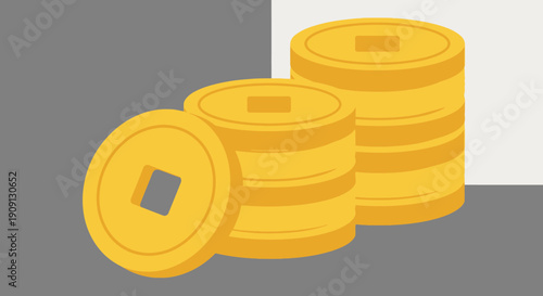 Golden ancient coins stacked, featuring classic square holes, embodying prosperity and good fortune. An essential graphic element for Imlek and Chinese New Year cultural celebrations and designs