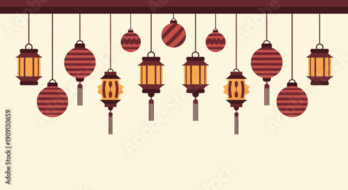 Imlek and Chinese New Year festive illustration. Traditional hanging lanterns and decorative ornaments symbolize prosperity, good luck, and cultural celebration