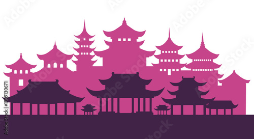 Vibrant Imlek and Chinese New Year Celebrations Traditional Architecture Silhouettes Reflecting Festive Atmosphere and Cultural Heritage