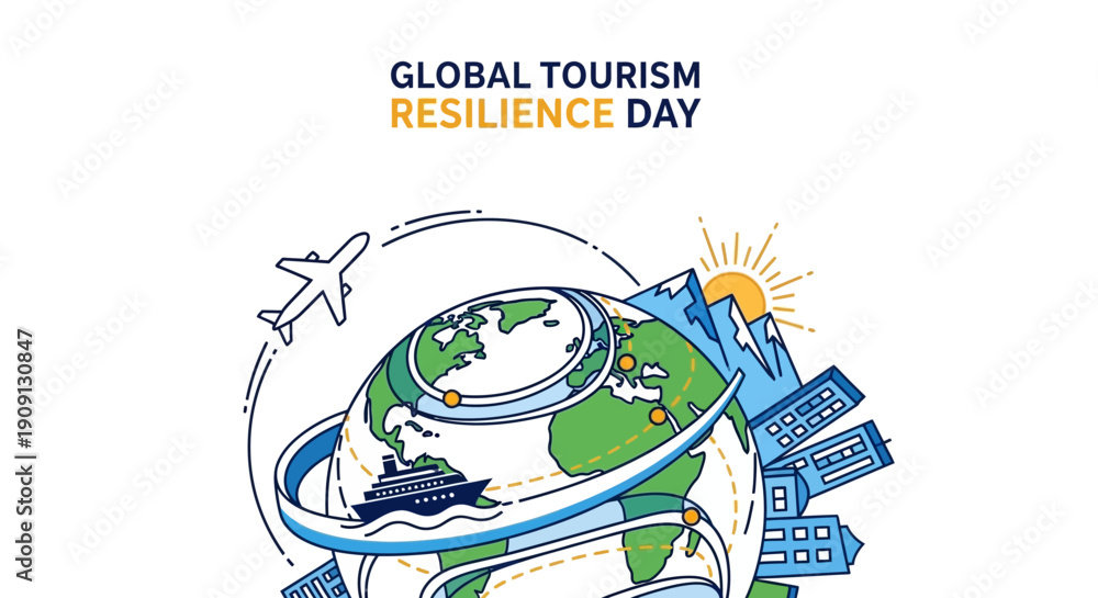 Fototapeta premium Illustration of a globe with a plane flying around it, symbolizing Global Tourism Resilience Day with a theme of sustainability and recovery.