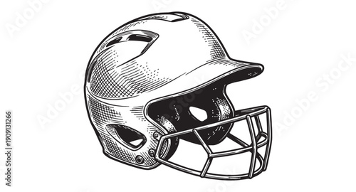 Modern baseball catcher or softball helmet with protective face cage vintage hand-drawn engraving style.