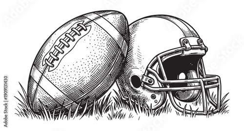 American football ball resting against a classic gridiron helmet on grass vintage hand-drawn engraving style.