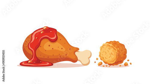 Golden brown fried chicken drumstick covered in red sauce next to a crispy chicken nugget with some crumbs on white.