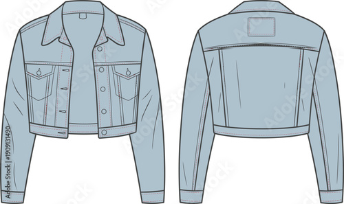 Cropped denim jacket, women’s fashion design, button front closure, chest flap pockets, seam