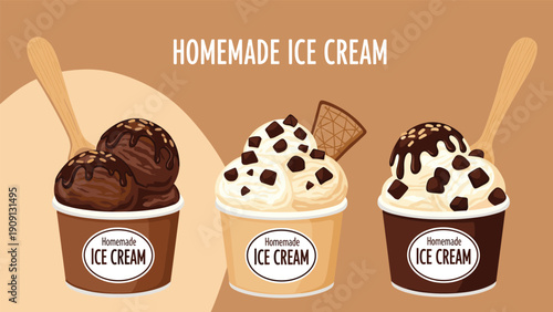 Trio of homemade ice cream cups featuring chocolate and vanilla flavors topped with rich chocolate sauce and chips.