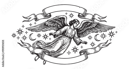 Winged celestial angel flying through a starry sky holding a magic wand over the earth vintage engraving style.