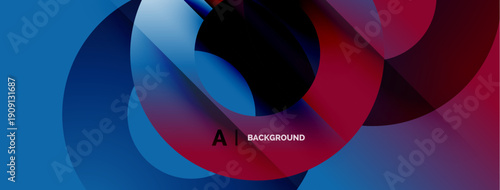 Abstract fluid shapes, vibrant colors blend. Dynamic composition creates modern visual impact. Blue, purple, red hues dominate.