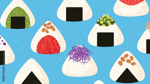 Continuous pattern of diverse Japanese onigiri rice balls with different fillings and toppings arranged on a bright blue background.