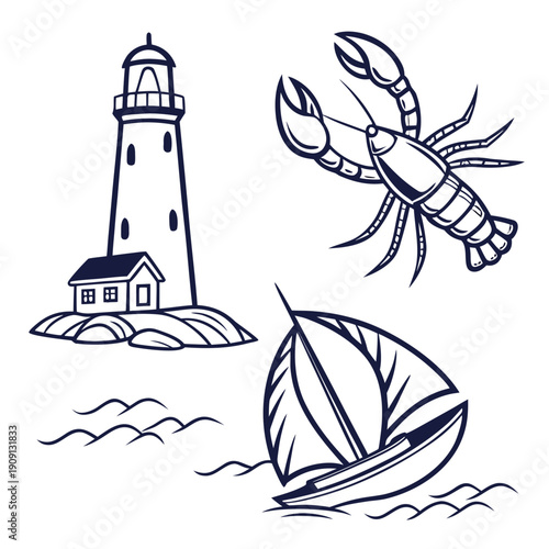 A blue and white drawing of a lighthouse and a lobster and a boat